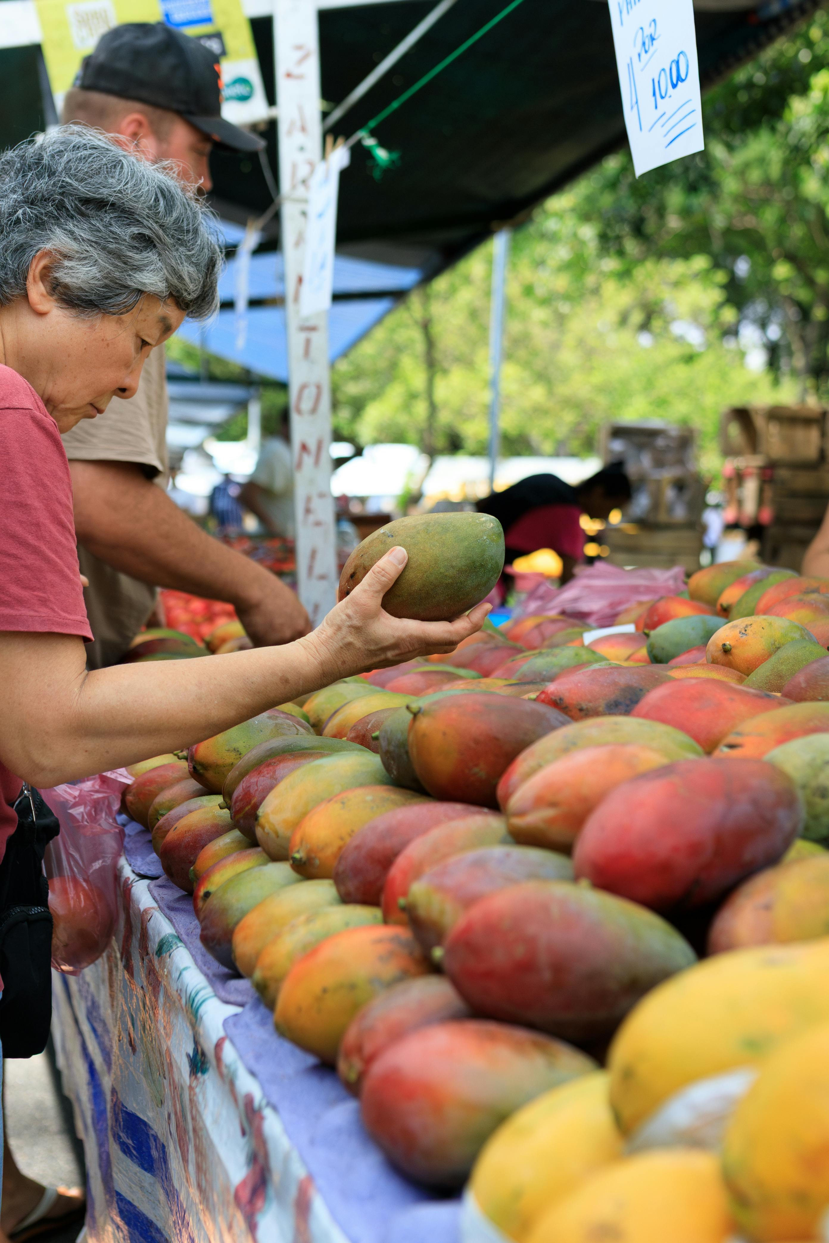 A woman examines mangoes at an outdoor farmers market stall.
