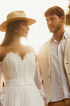A couple in elegant wedding attire enjoys a warm, golden sunset outdoors.