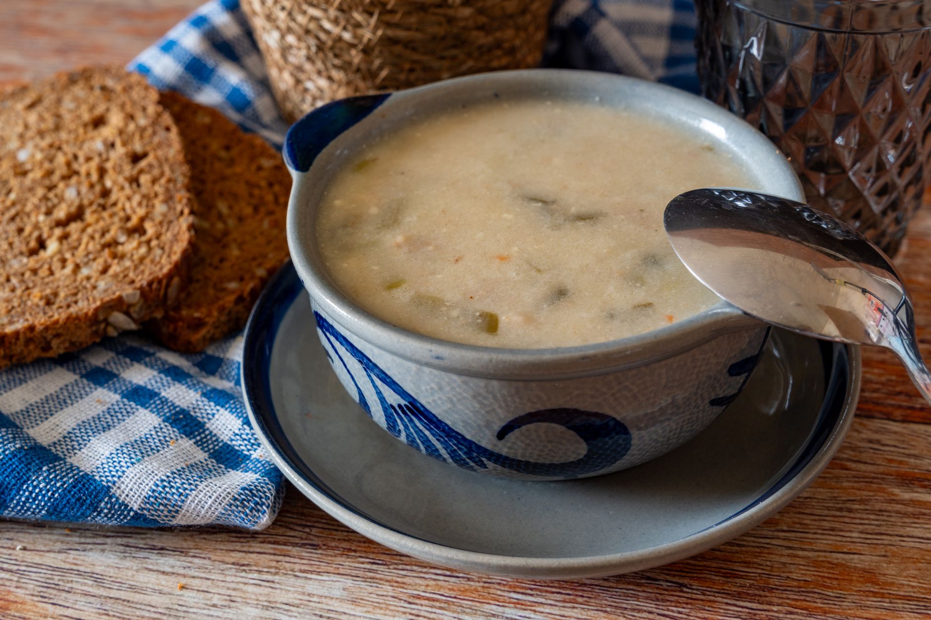 Cream of Turkey and Wild Rice Soup ready to serve with parsley garnish