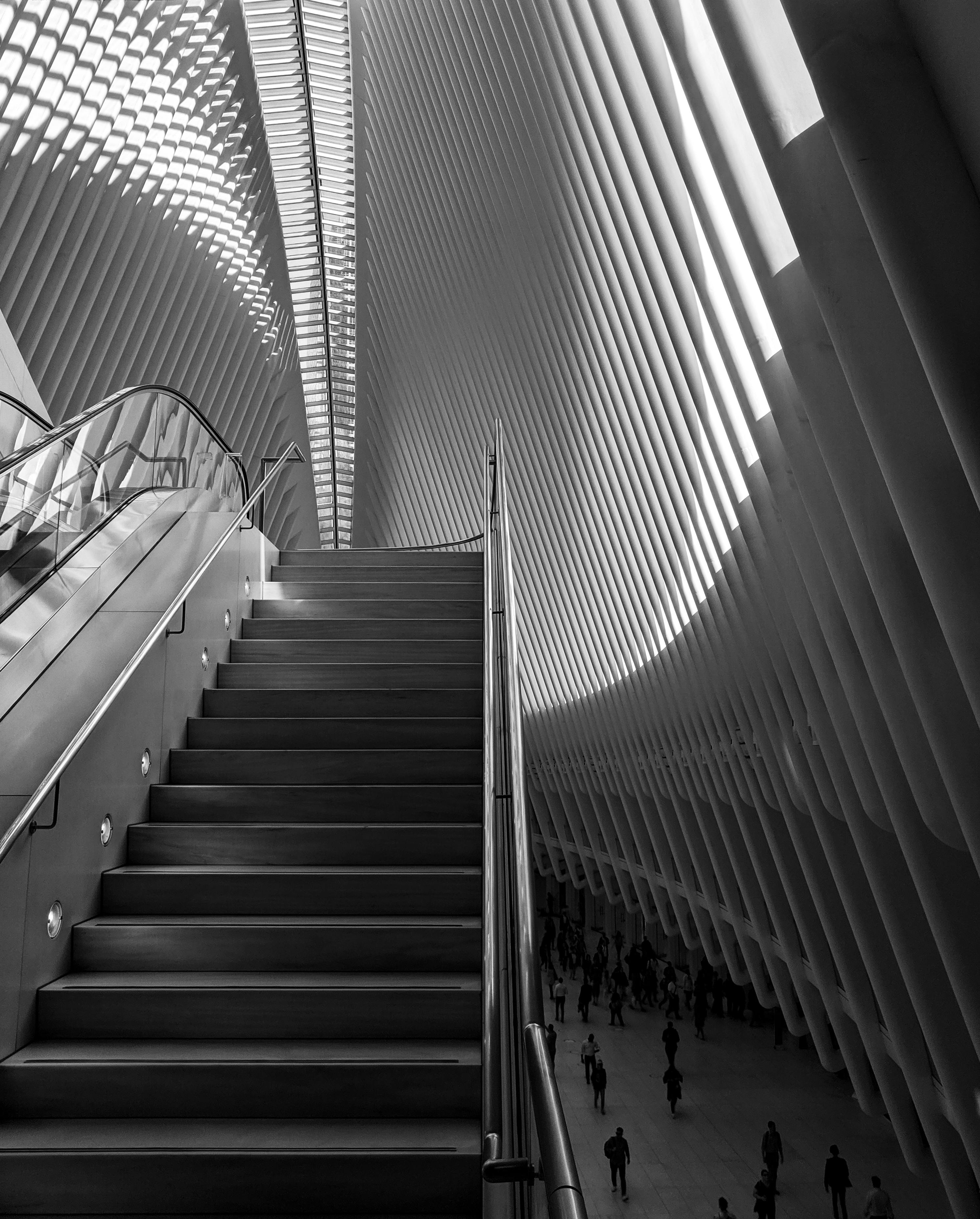 Black and white architectural photo of the Oculus interior in NYC.