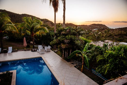 Scenic view of a tropical resort poolside with lush palm trees and beautiful sunset hues.