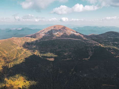 Breathtaking aerial view capturing a serene mountain landscape under a clear sky.