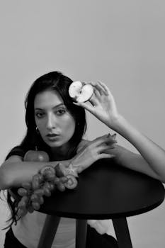 Elegant black and white portrait of a woman holding a starfruit with tropical fruits in Belo Horizonte.