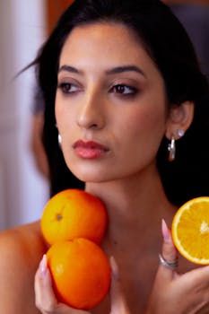 Elegant portrait of a woman holding oranges, captured in Belo Horizonte, Brazil. Vibrant and fresh atmosphere.