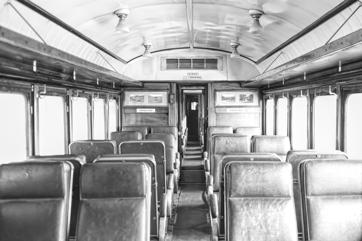 Inside vintage passenger train car