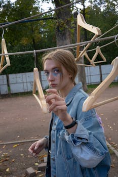 一位年轻女子在户外与木衣架互动，站在一条线上