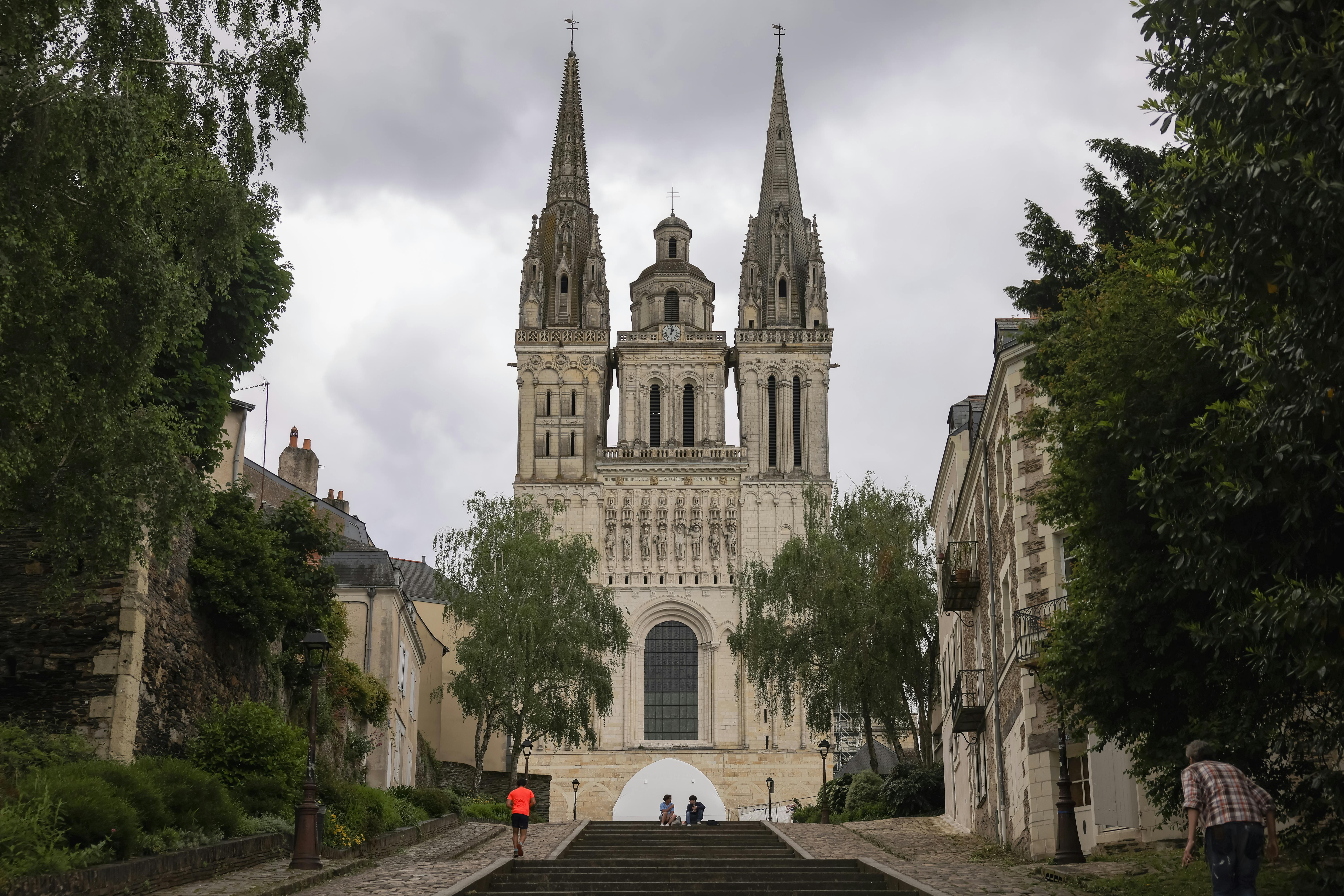 Stunning view of Angers Cathedral surrounded by lush greenery in France.