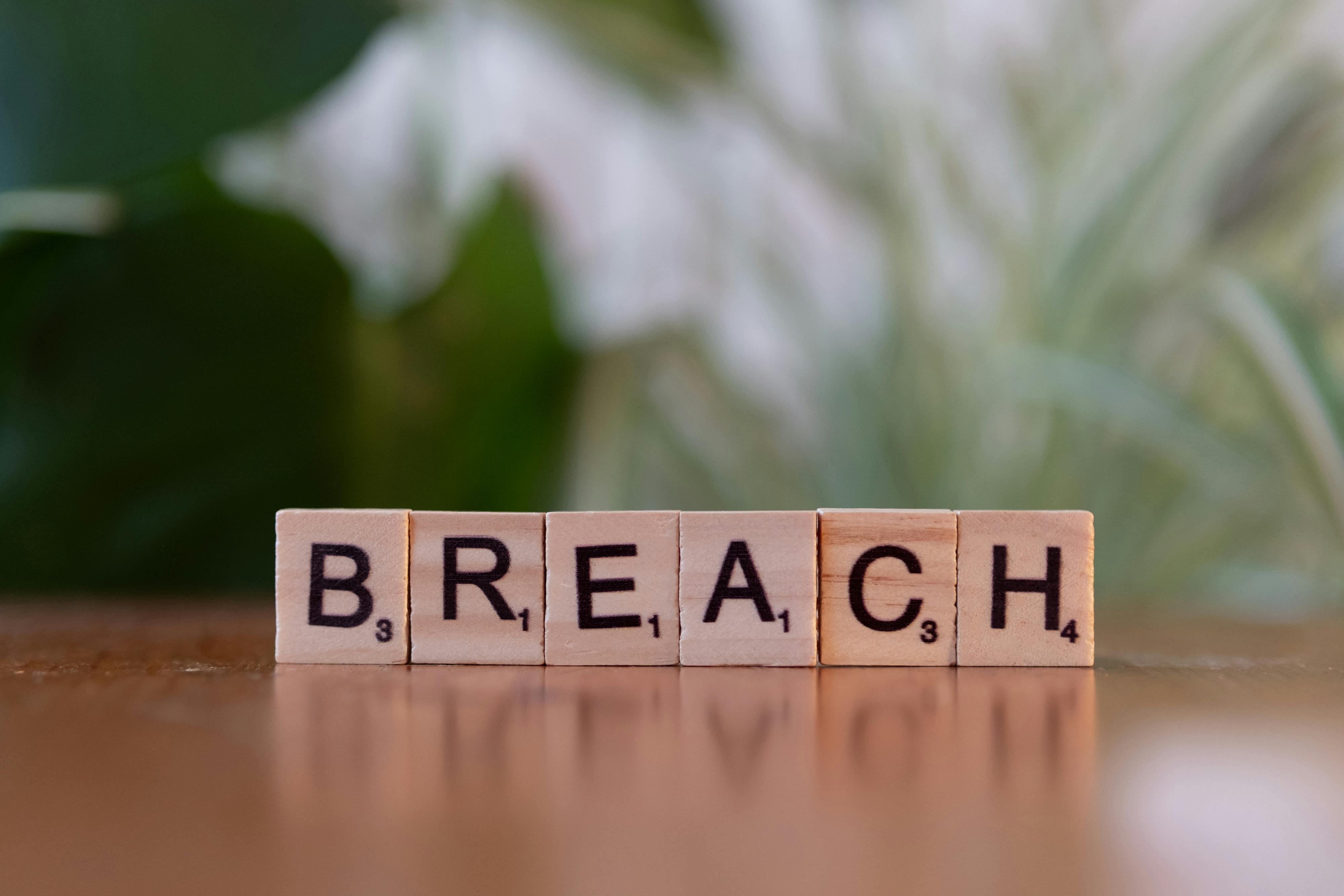 Wooden letter tiles spell 'Breach' against a blurred natural background, concept of security or violation.