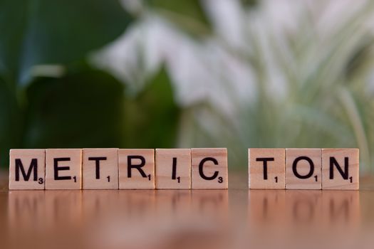 Scrabble tiles on a brown surface spell 'Metric Ton' with blurred green background.