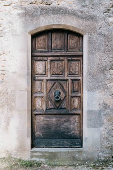 Charming rustic wooden door set in stone, capturing Provence's architectural elegance.