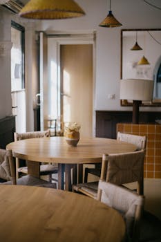 Inviting dining room interior with Provencal style decor, featuring natural wood furniture and soft lighting.