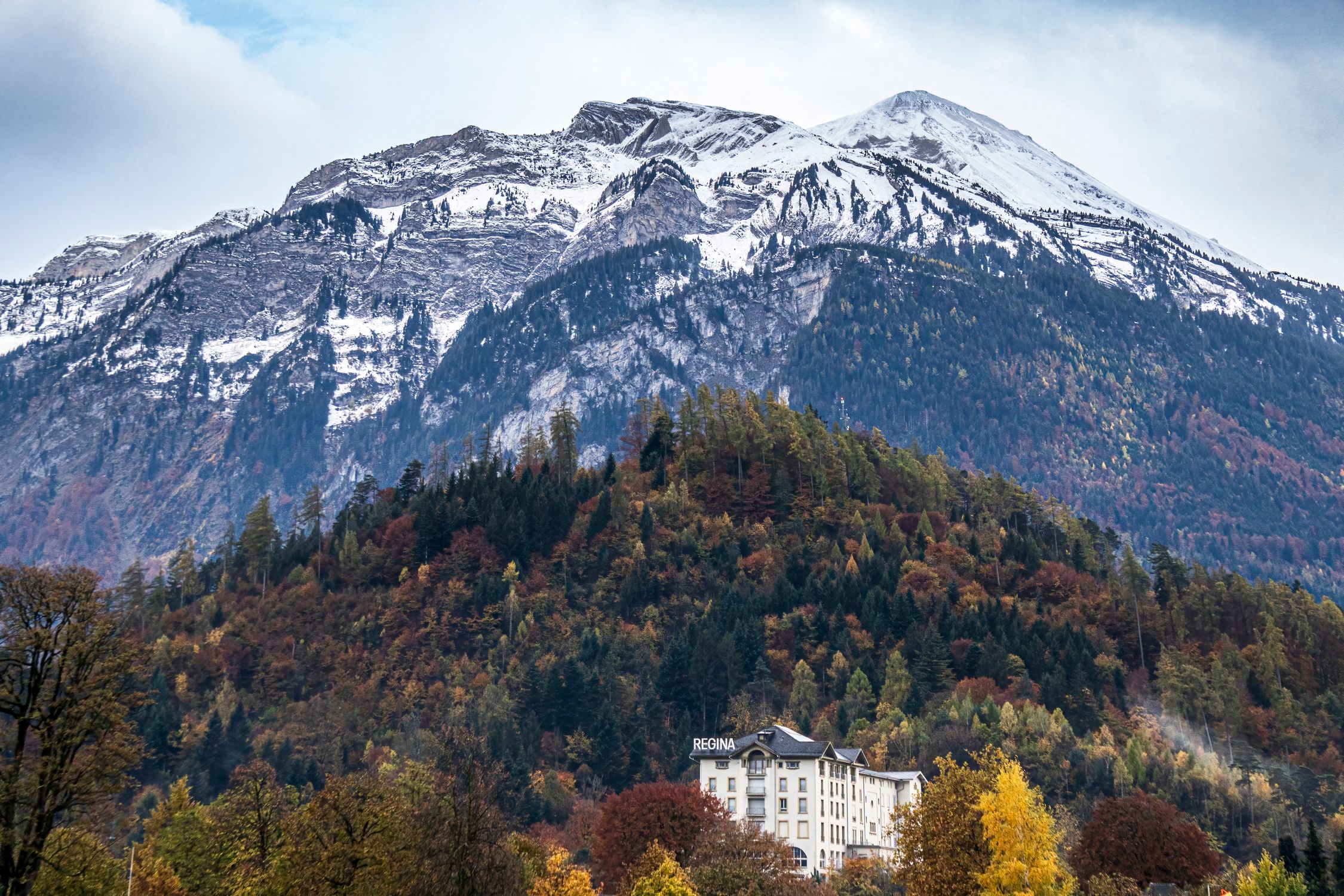 A stunning view of the snow-capped Swiss Alps and colorful forest in Interlaken.