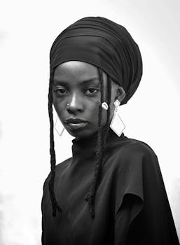Stunning portrait of an African woman in traditional headwrap and jewelry.