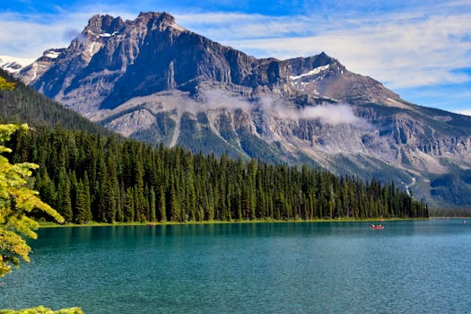 Breathtaking view of the Canadian Rockies and Emerald Lake in BC, Canada, capturing serene nature and vibrant scenery.