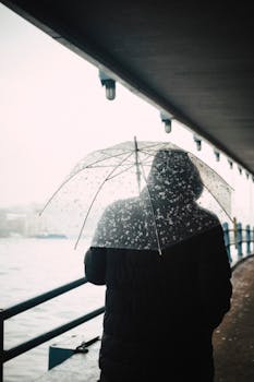 Silhouette of a person holding an umbrella outdoors under a bridge during rainfall.