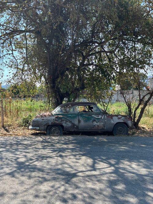 Free Rusty retro car parked under a tree along a road in Yautepec, Mexico. Stock Photo