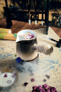 Exquisite ceramic tea pot with floral arrangement on Asian script paper, evoking traditional Eastern aesthetics.