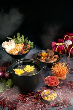 A vibrant Chinese hot pot surrounded by herbs, spices, and ingredients displayed with steam.