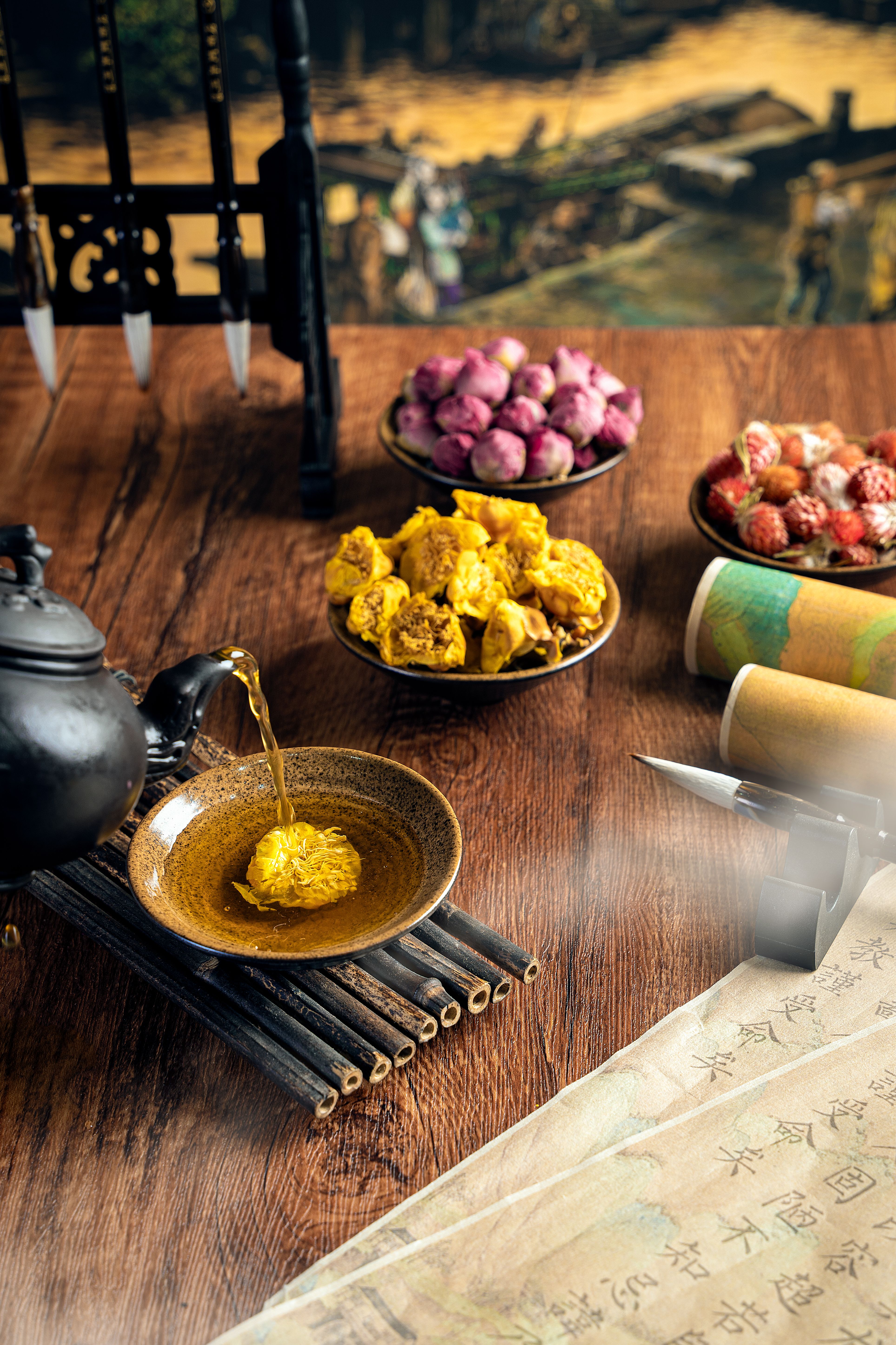 A serene setting showcasing a traditional Chinese tea ceremony with herbal flowers, offering a cultural experience.