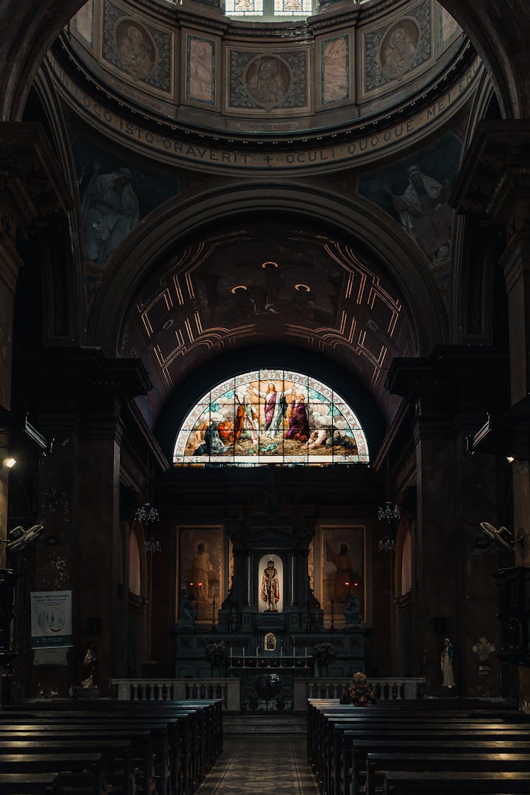 Low Angle Shot Of A Church Alter With A Doom