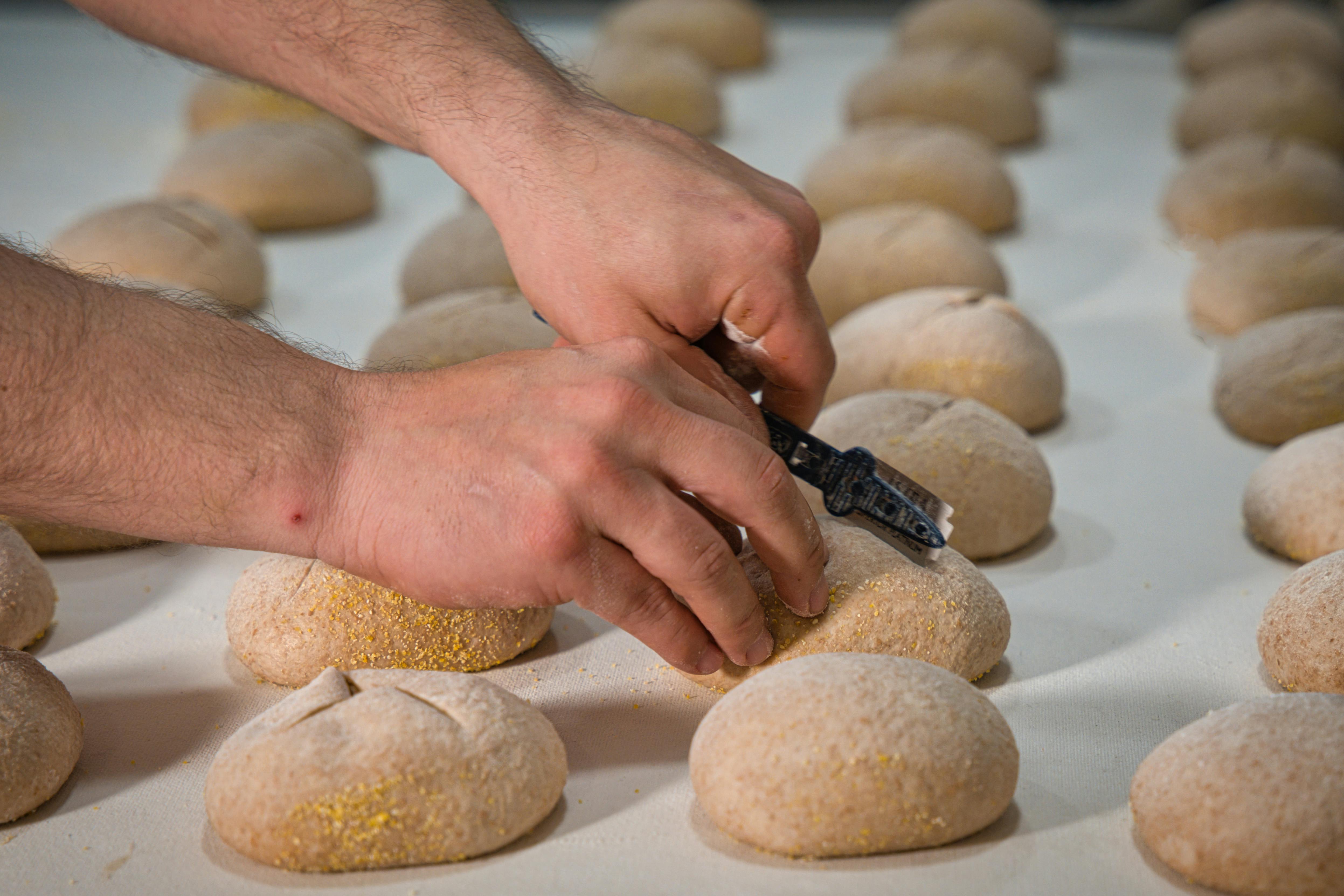 Hands crafting artisanal bread loaves in Berlin bakery, showcasing dough cutting with precision tools.