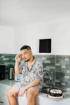 Casual man sitting on kitchen counter beside a cake, wearing tropical shirt.