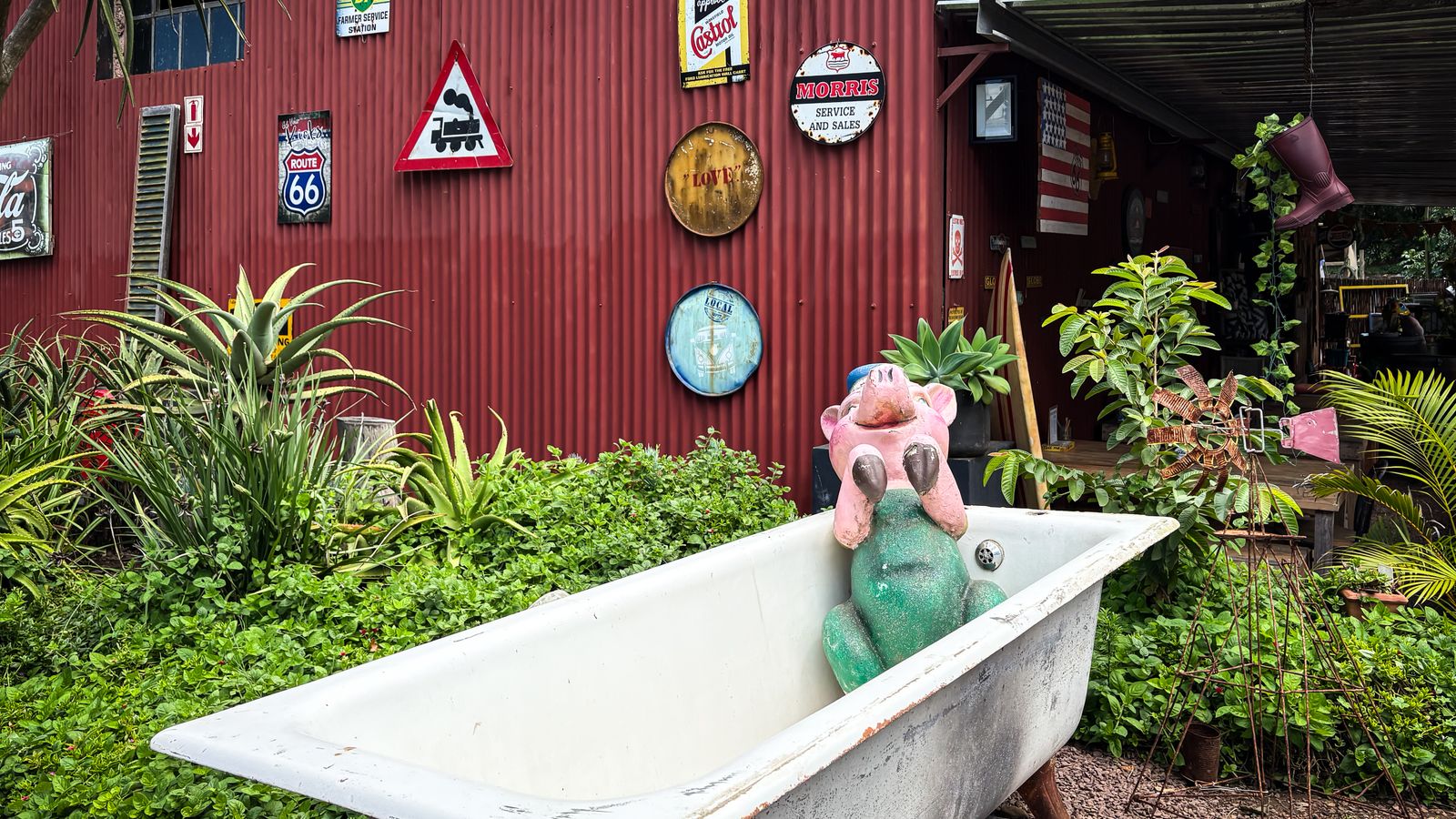 Vintage pig decor in outdoor garden setting, South Africa