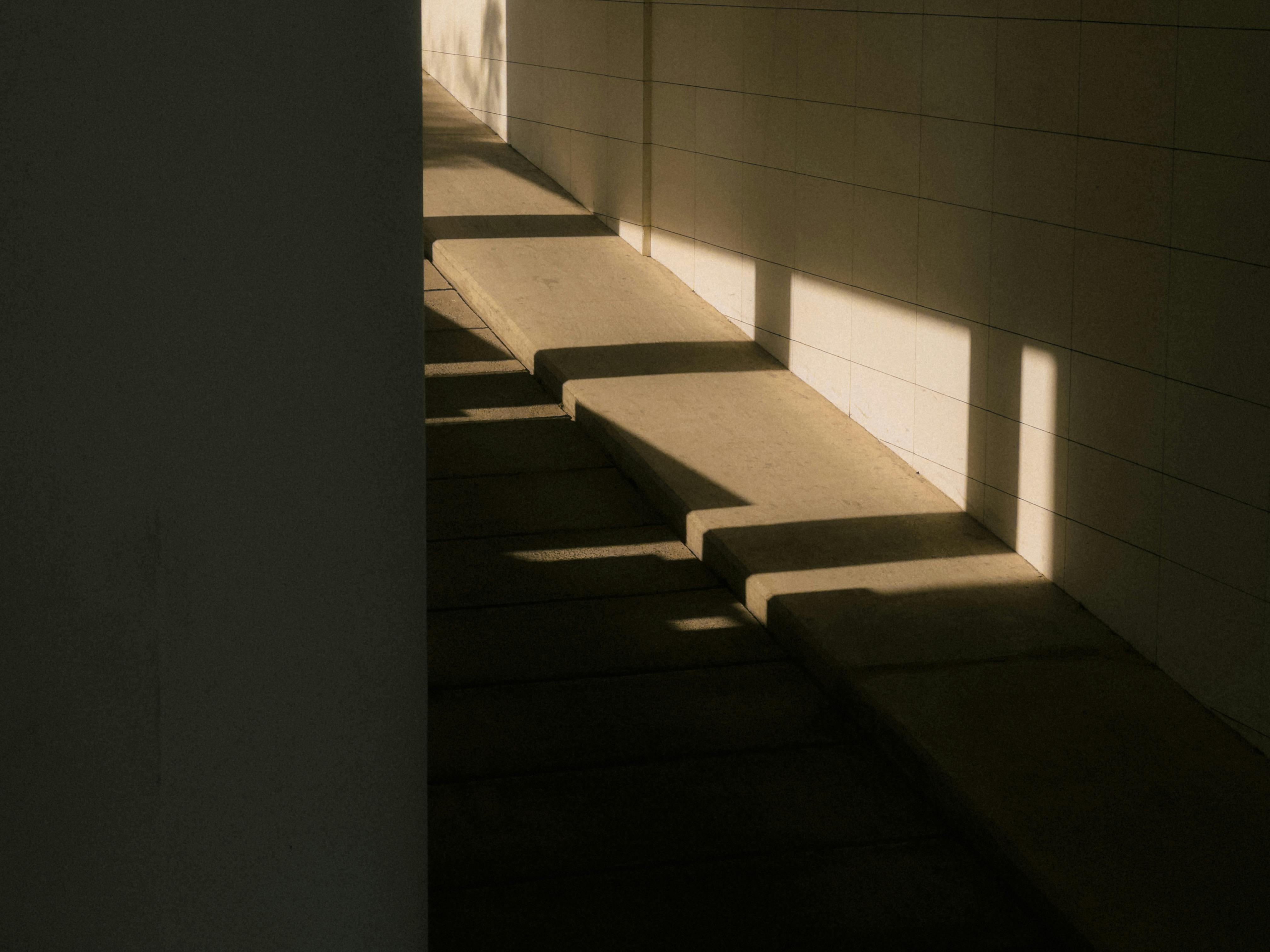 Kostnadsfria Varmt ljus kastar skuggor på en minimalistisk trappa inomhus, vilket skapar djup och elegans. Stock foto