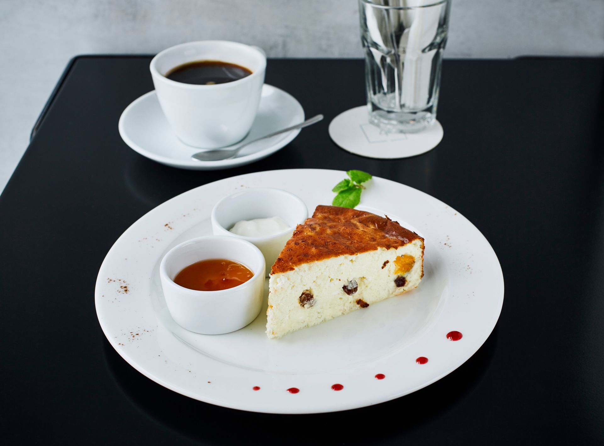 Cottage cheese casserole with sour cream and apricot jam and cof