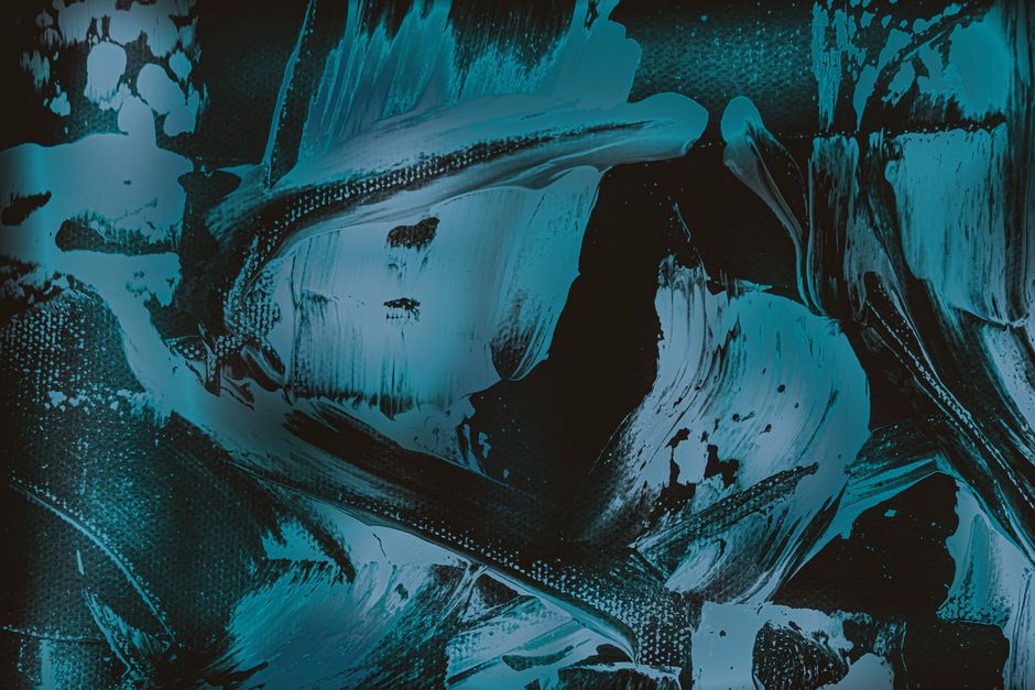Dynamic abstract painting with bold blue and black brush strokes, rich in texture.