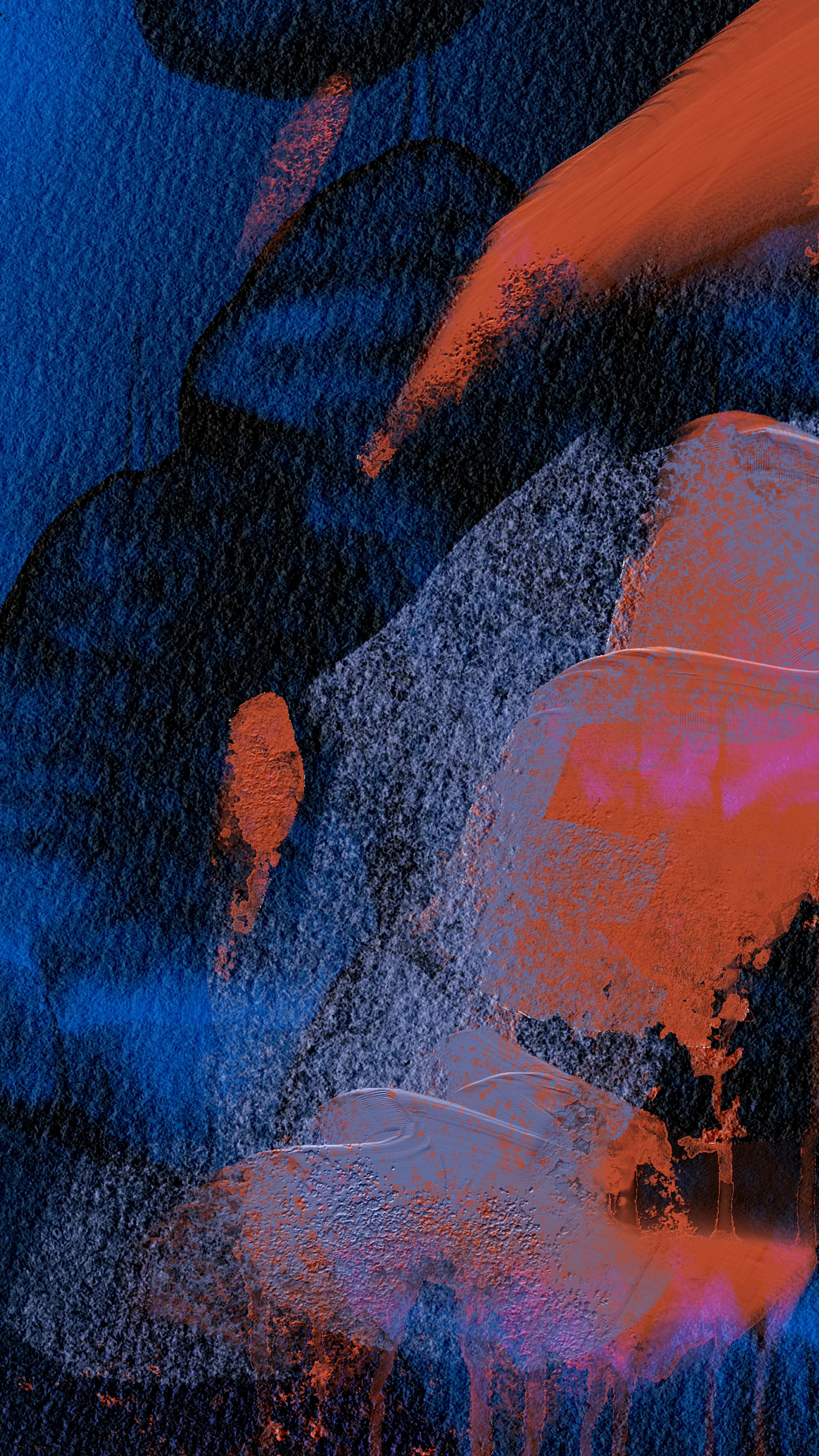 A vivid abstract painting featuring dynamic brush strokes in blue, orange, and pink tones.