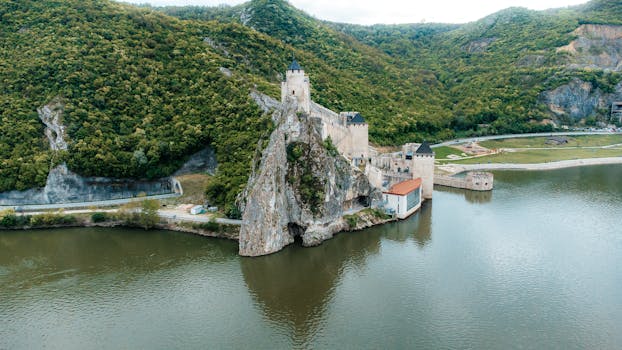 Scenic aerial view of the ancient Golubac Fortress by the Danube River in Serbia.