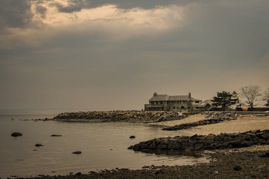 Serene view of a waterfront estate at twilight in Stamford, Connecticut.