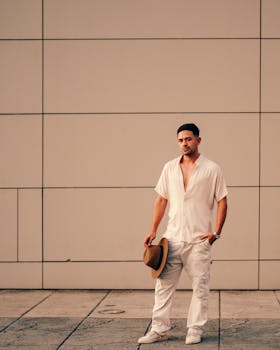 Portrait of a stylish man holding a hat against a modern urban wall in Buenos Aires.