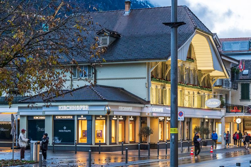 Explore the elegant Kirchhofer and Cartier watch stores in Interlaken, Switzerland.