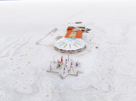 Stunning aerial shot of Uyuni Salt Flats in Bolivia, showcasing flags and unique architecture.