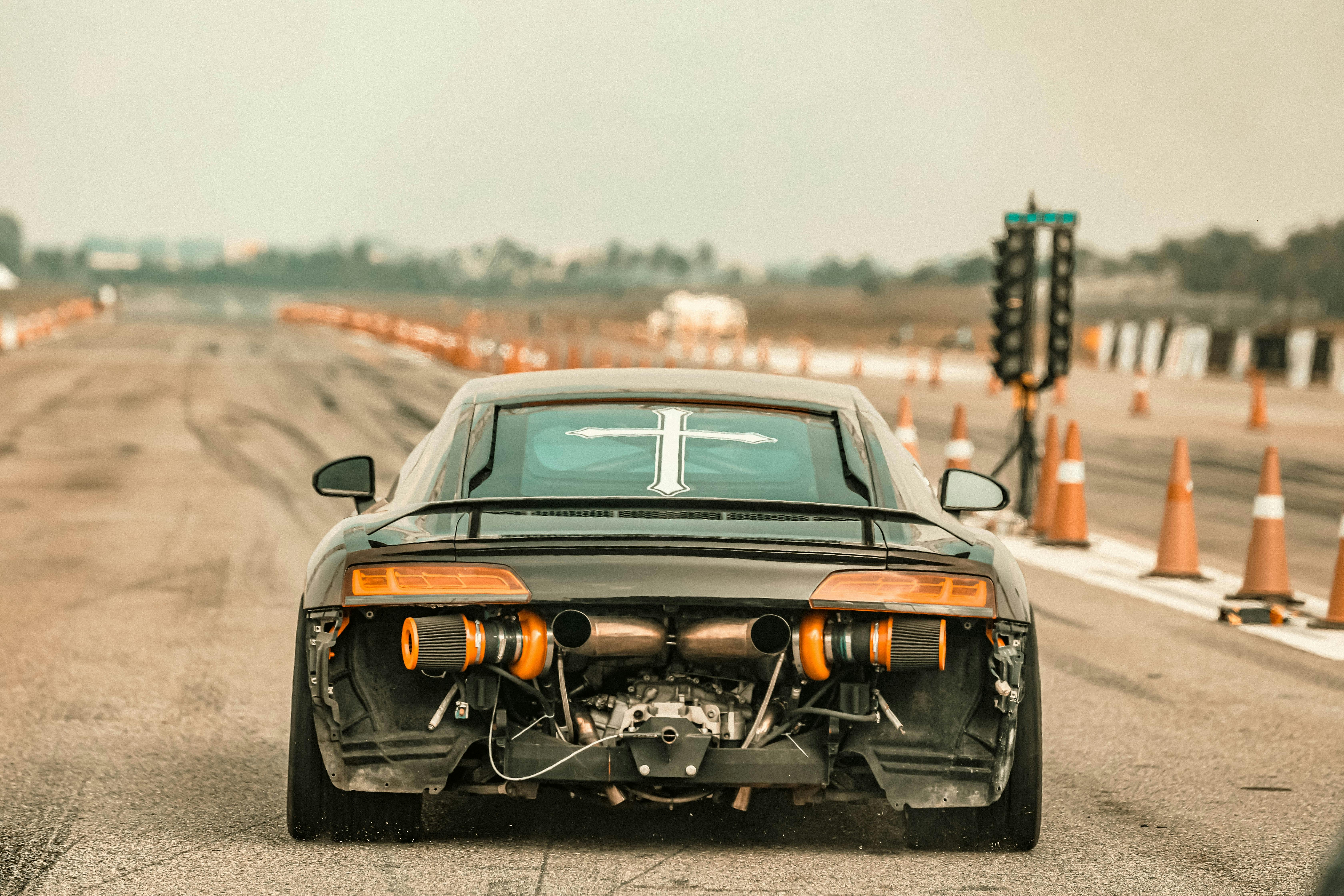 A sports car on a racing track ready for a high-speed race in Bengaluru, India.