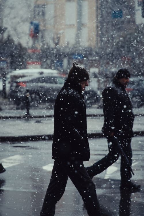 Free People walking in a snowy city street during wintertime, capturing urban cold atmosphere. Stock Photo