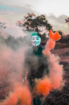 一个戴着盖伊·福克斯面具的人，在户外被五颜六色的烟雾包围