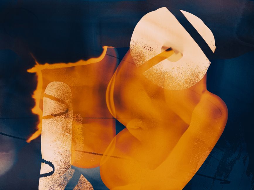 Abstract expressionist art featuring bold orange and blue tones with textured elements and dynamic shapes.