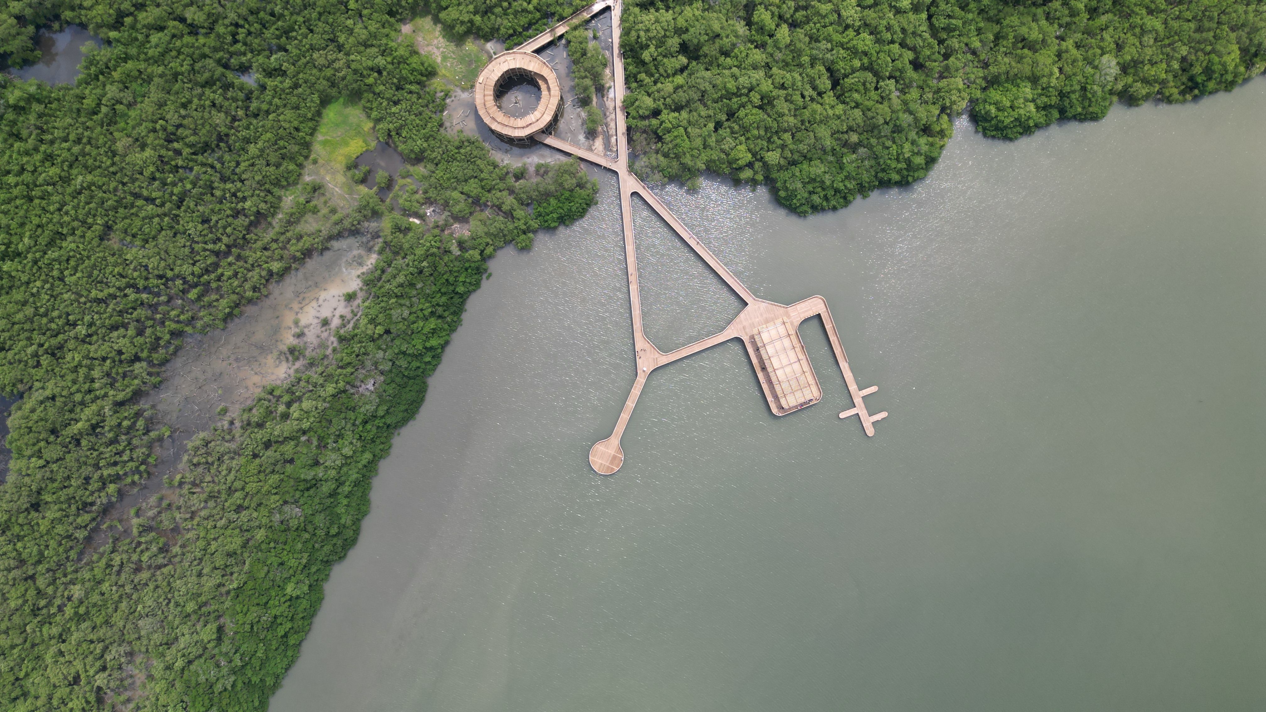 Fotomural Vista aérea de una estructura de paseo marítimo única en un exuberante ecoparque verde, Barranquilla, Colombia.