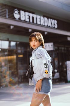 Fashionable woman with short hair posing confidently in casual denim wear outside a trendy cafe.