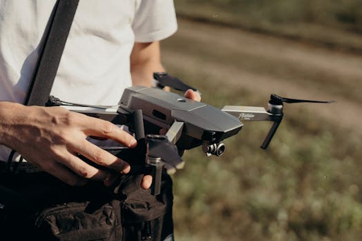 Close-up of a man holding a drone outdoors, showcasing drone technology preparation.