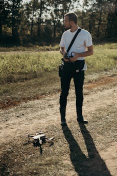 Man in casual attire controlling a drone in a sunny outdoor setting, emphasizing modern technology in nature.