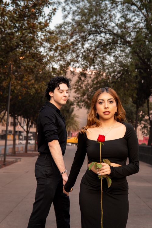 Free A couple holds hands with a single red rose on a sunny day in Mexico City. Stock Photo
