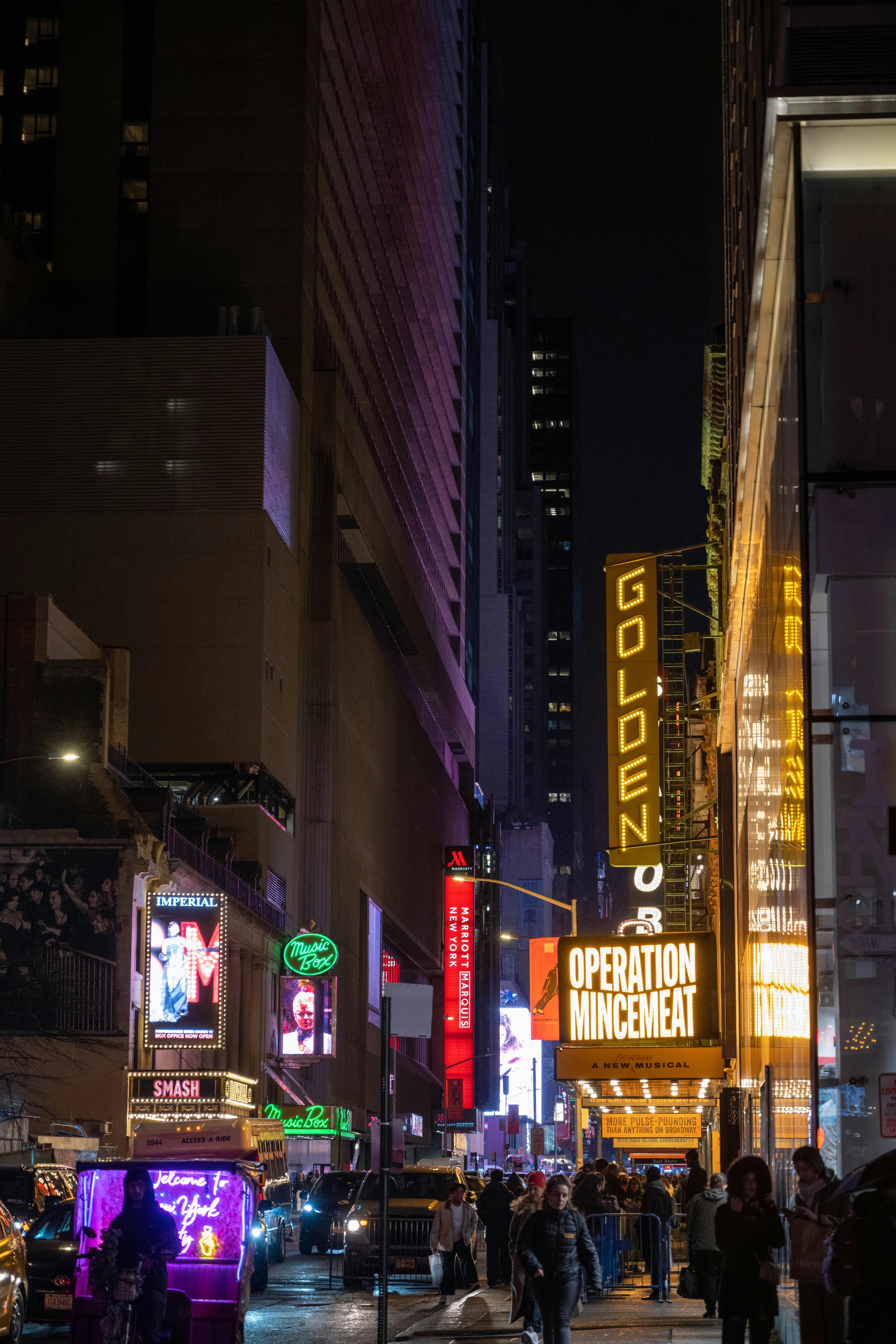 Ilmainen Eloisa yökuva Times Squarella, NYC:ssä, jossa on teatterikylttejä ja väkijoukkoja. Kuvapankkikuva