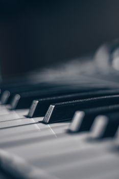 Artistic close-up of piano keys in black and white with a dramatic, moody tone.