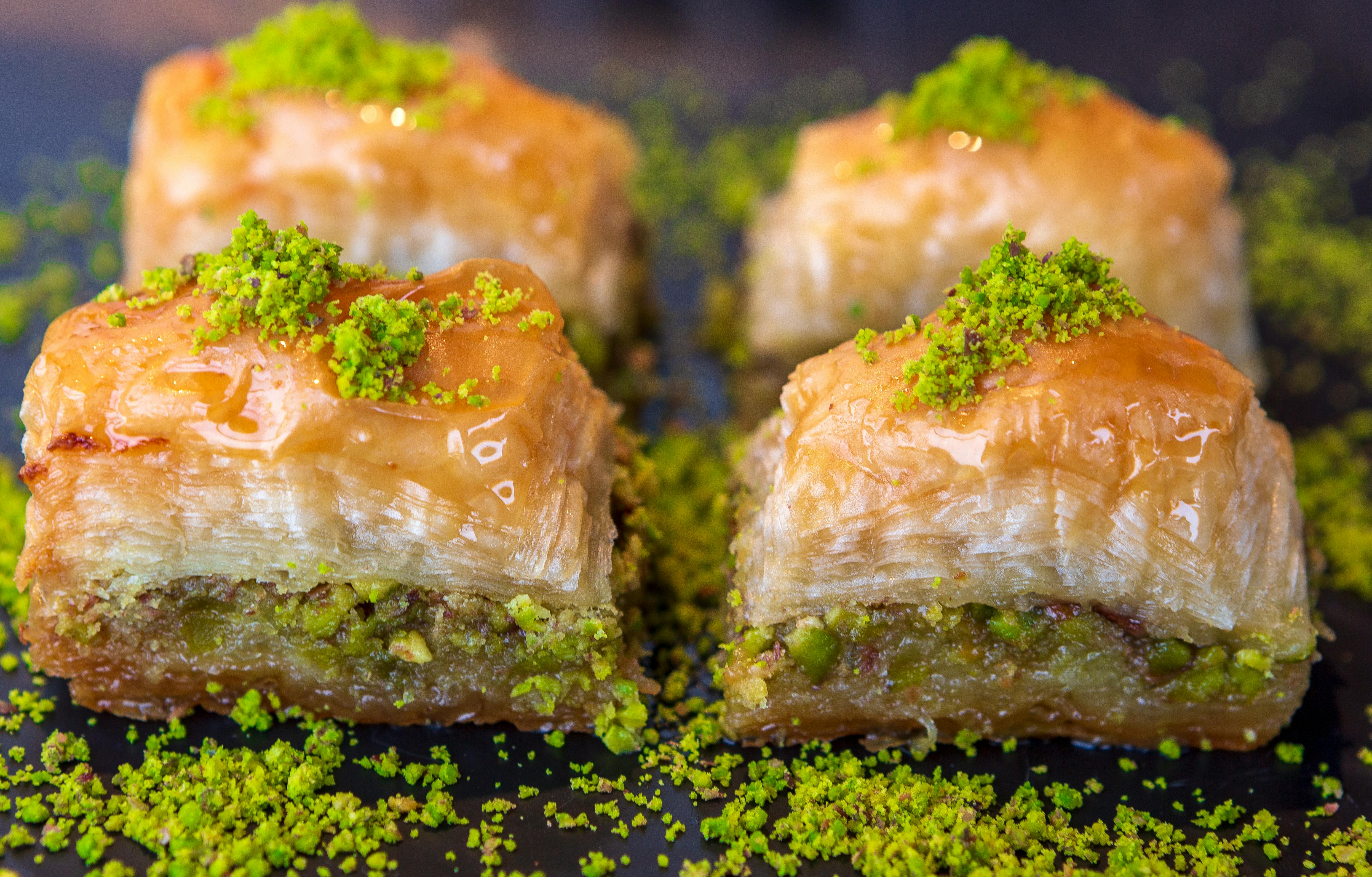 Pistachio baklava with honey - traditional Greek dessert in Athens