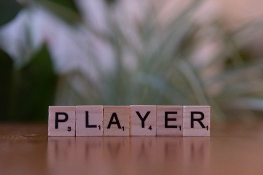 Close-up of Scrabble tiles spelling 'PLAYER' placed on a wooden table.
