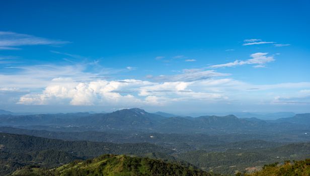 A breathtaking view of a mountain range in Sri Lanka beneath a clear blue sky.